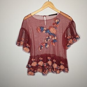 Zara Red floral sheer top size woman's XS